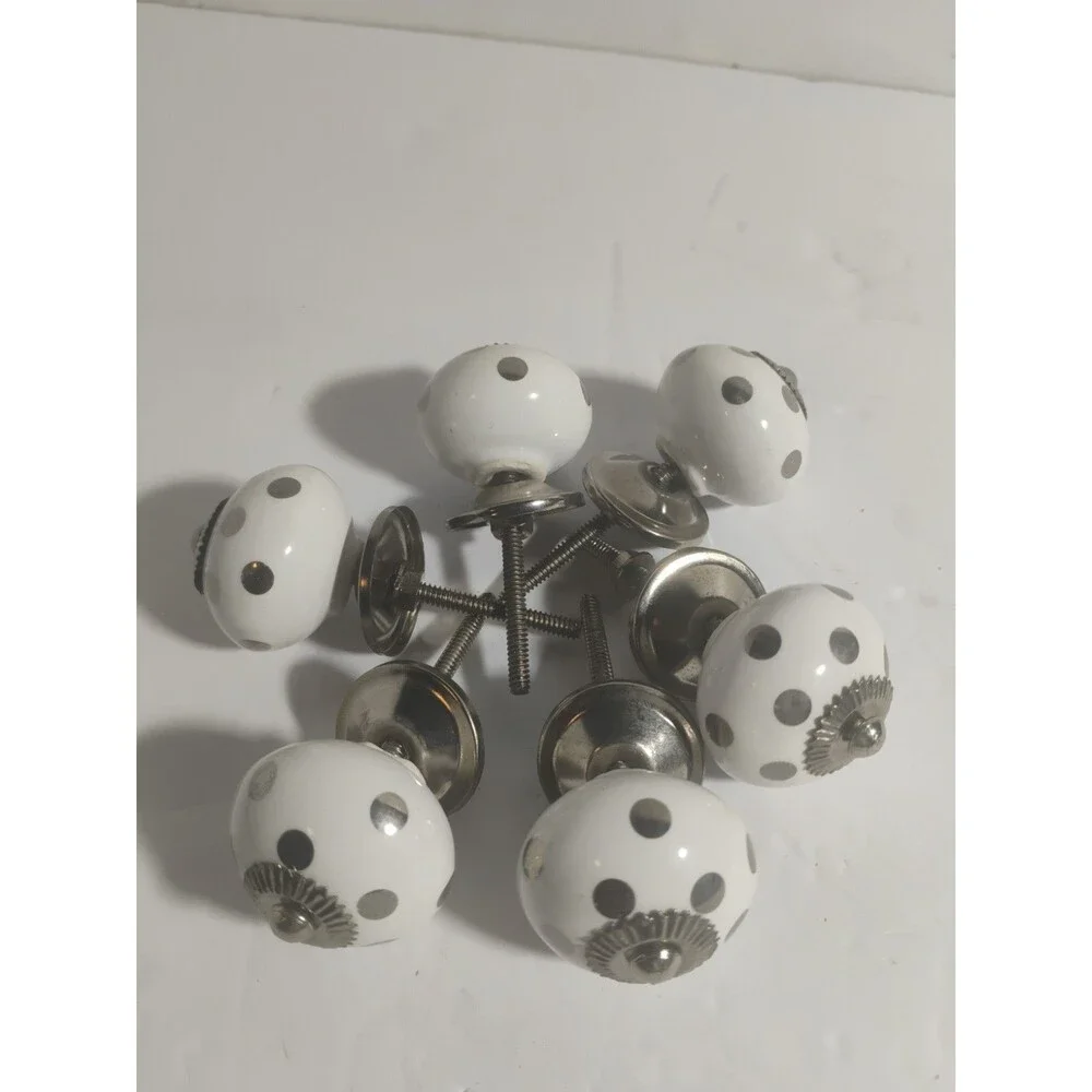 New 6Furniture Knobs, Drawer Pulls, Silver & White Polka Dot Porcelain 2-7/8”